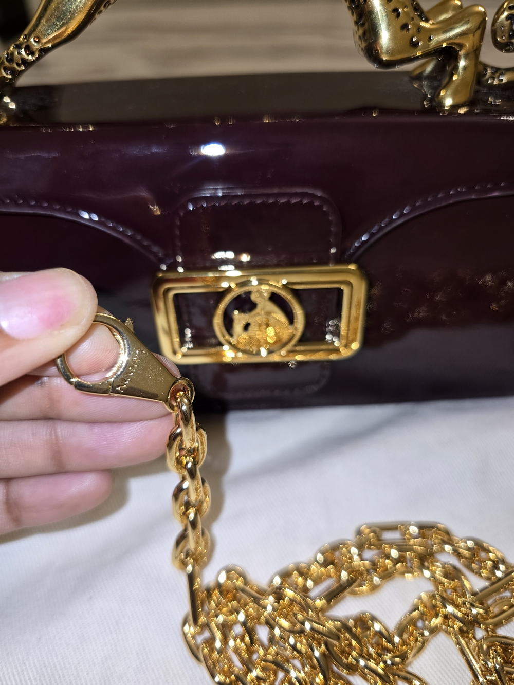 Lanvin Patent Mini Bag in Deep Plum with Gold Cat Handle - Picture 11 of 16